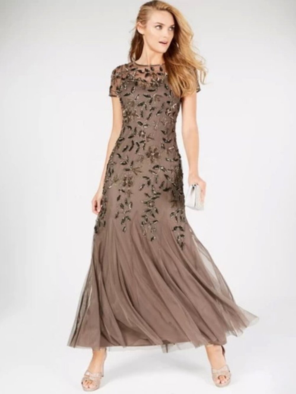 Adrianna Papell Mercury Lead Nude Beaded Sequin Floral Godet Gown